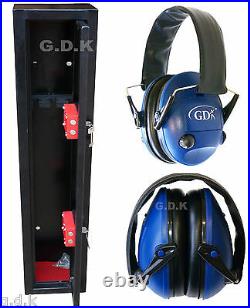 GDK 3 gun cabinet, 3 shotgun safe, with Blue Electronic ear defenders, Ear muffs